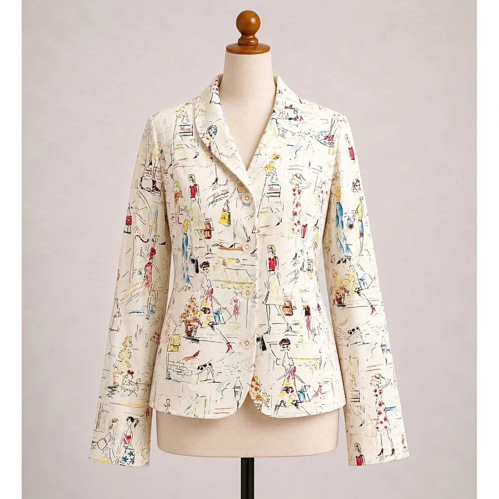 Anthracite Women White City Sketch Print Sequin Zip Up Jacket Blazer Size 16